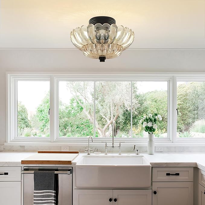 Semi Flush Mount Ceiling Light,Modern Brown Ceiling Light Fixture with Clear Glass for Living Room Hallway Close to Ceiling Light Fixture,Kitchen Lighting Fixtures Ceiling,Bulbs Not Included