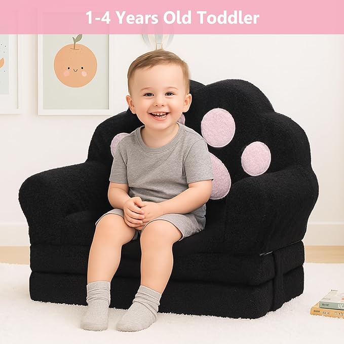 MONKISS Cat Paw Kids Couch, Toddler Chairs Comfy, Toddler Couch Bed Fold Out, Baby Lounge Chair, Birthday Gift for Girls, 1-4 Years Old, SF06, Black