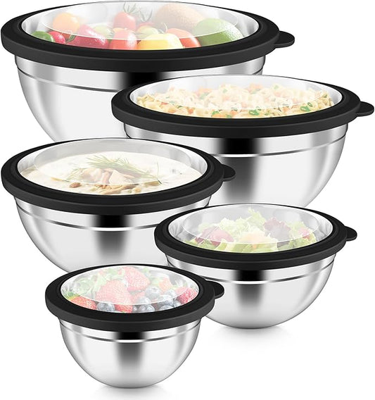P&P CHEF Mixing Bowl with Visible Airtight Lid Set of 5, 10-Piece Stainless Steel Nesting Salad Bowl Set for Prepping, Mixing and Serving, Size 4.6, 3, 1.5, 1, 0.7 QT, Rimmed Edges & Flat Base, Black