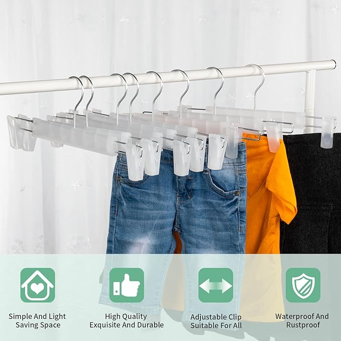 Skirt Hangers，Pants Hangers with Clips，360 ° Swivel Hooks Space Saving Hangers for Pants, Skirts, Clothes, Jeans (10Pack, Translucent)