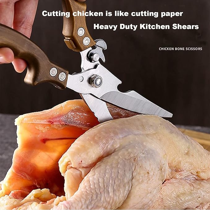ANDONG Kitchen Shears - Heavy Duty Stainless Steel Poultry, Meat & Bone Scissors with Black Leather Sheath for Food