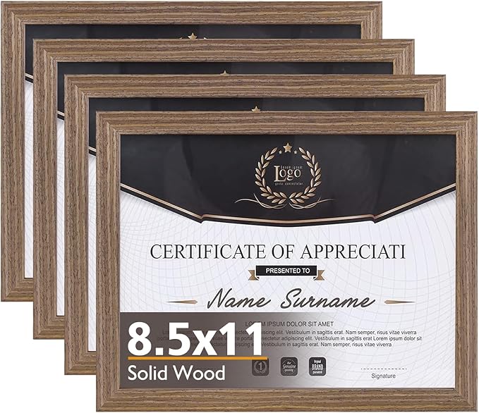 KINLINK 8.5x11 Picture Frame Brown, Solid Wood Diploma Frames with Acrylic Plexiglass for Pictures, Certificate Degree Document Frame Tabletop and Wall Mounting Display, 4 Pack