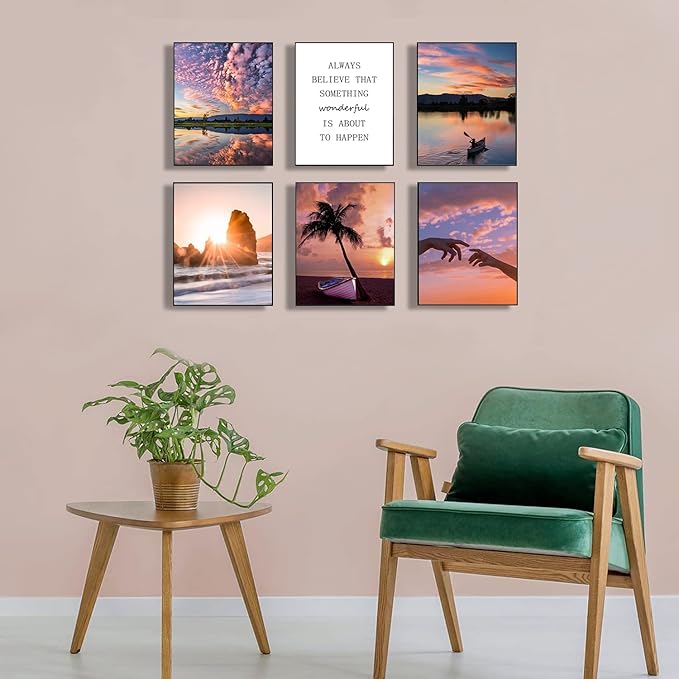 HoozGee Sunset Wall Art Prints Travel Photo Set of 6 Enjoy Dusk Dream View Picture Posters Gift for Photography Fans Nautical Themed Home Decor for Living Room Wall Decor (11"x14" UNFRAMED)
