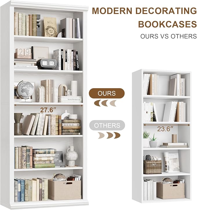 Rresyet Bookcase and Bookshelves, 28" W Tall Bookshelf with Elegant Design, 6 Tiers Spacious Book Storage, Freestanding Book Organizer, Display Library Shelf for Home Office, Living Room & Study Room