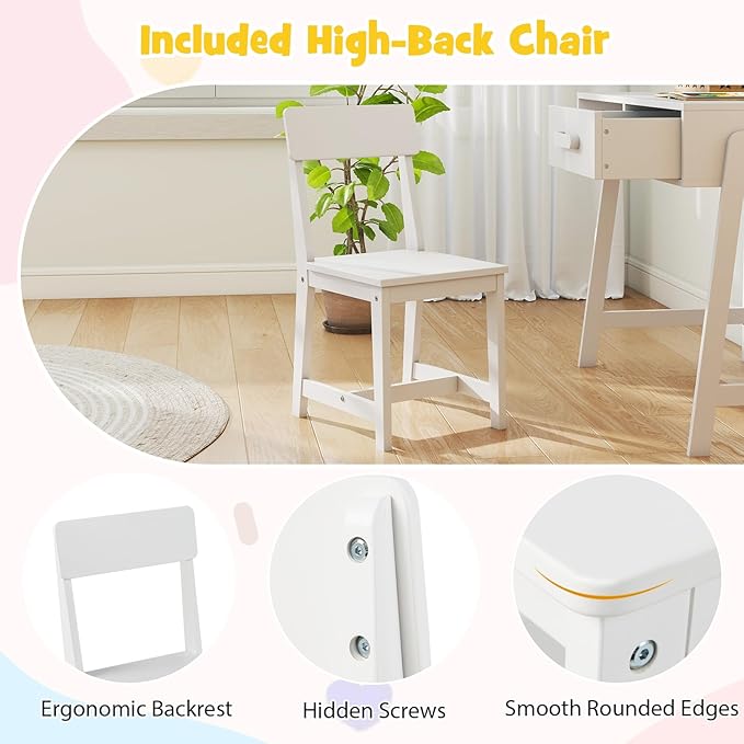HONEY JOY Kids Desk and Chair Set, Wooden Children School Study Table and Chair w/Storage Drawer & Hutch, Student Writing Desk Computer Workstation for Bedroom, Gift for 3+ Years Old (White)