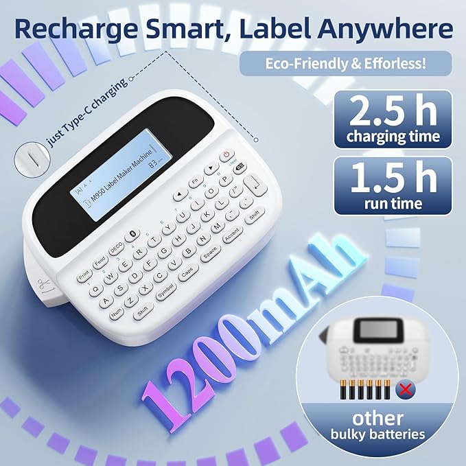M950 Label Maker, Rechargeable Backlit Labeler Machine with Tapes 12mm 0.47 White for Office Home School, Bluetooth Handheld Label Printer Replacement for Brother Ptouch Label Maker Machine