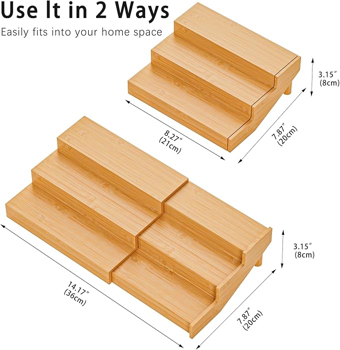 Spice Rack, Bamboo Spice Rack Kitchen Cabinet Organizer Expandable - Bamboo 3 Tier Figurine Display Shelf, Adjustable 3 Tier Spice Racks