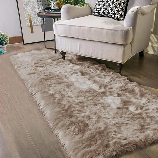 Latepis Throw 2x6 Rug Runner Light Brown Faux Fur Rug Washable Shaggy Rug Fluffy Plush Soft Rugs for Living Room Bedroom Dorm Floor Sofa Furry Beige