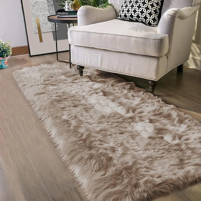 Latepis Brown Beige 2x5 Washable Small Rug Faux Sheepskin Fur Rug Fluffy Shag Rugs for Living Room Bedroom Dorm Furry Plush Rugs Cute Room Decor
