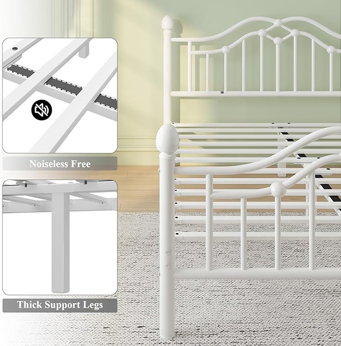 Twin Metal Platform Bed Frame, Bed Frame with Victorian Headboard and Footboard, Strong Metal Slats Support, Mattress Foundation No Box Spring Needed, Easy Assembly, Noise Free, White