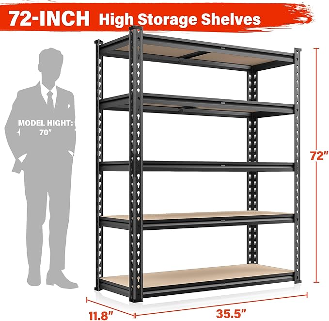 REIBII 72" Garage Shelving, Heavy Duty Storage Shelves 2000LBS, 5 Tier Metal Shelving Unit, Adjustable Garage Storage Shelves for Craft Warehouse Pantry Basement, 72'' * 35.5'' * 11.8''