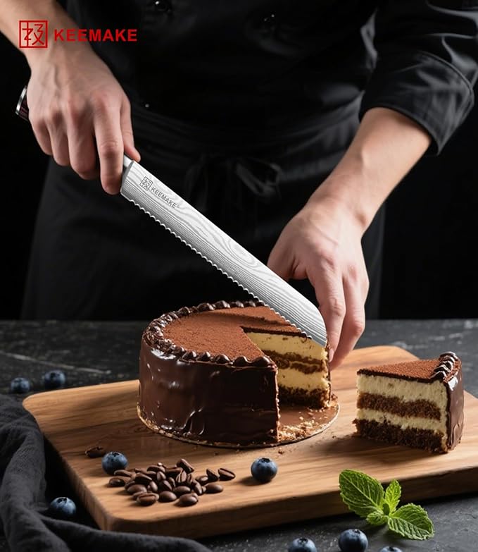 KEEMAKE Serrated Bread Knife 8-inch Ultra Sharp High Carbon Stainless Steel Bread Slicer Knife for Homemade Breads Sourdough Bagels Cakes and Soft Produce - Ergonomic Pakkawood Handle, w/Sheath