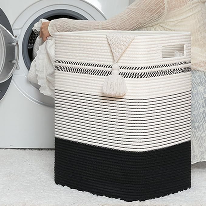 Laundry Hamper, Large Woven Rope Tall Laundry Basket with Handles, 22" X 17" X 13", Decorative Storage Basket for Clothes and Blankets in Living room, Bedroom, Black& White