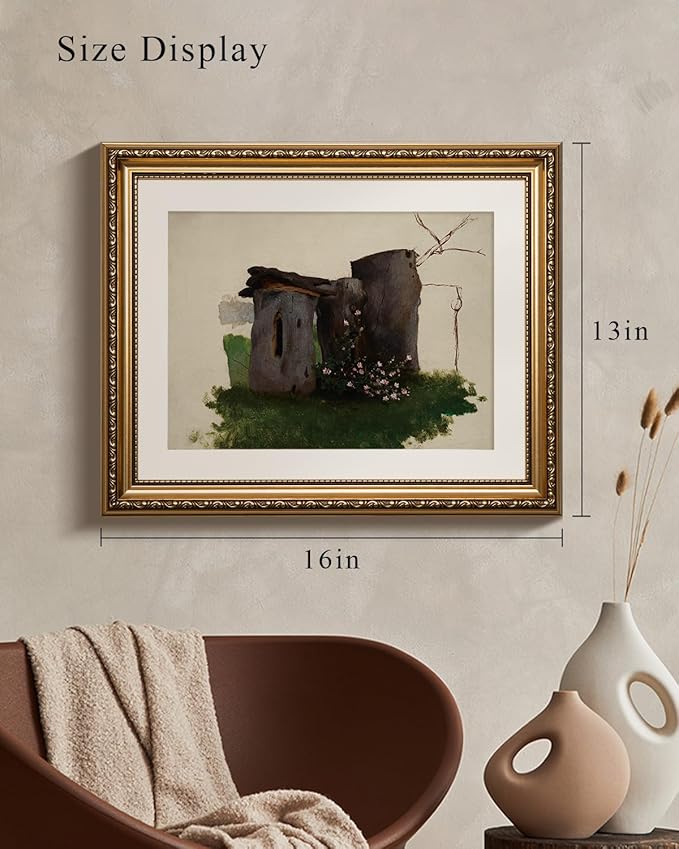 VIYYIEA Gold Framed Wall Art Canvas Print Home Decor Vintage Tree Holes Wild Flowers Bathroom Art Decor Aesthetic Room Decor Oil Painting Farmhouse Plants Wall Decor Bedroom Living Room Gifts 13x16in