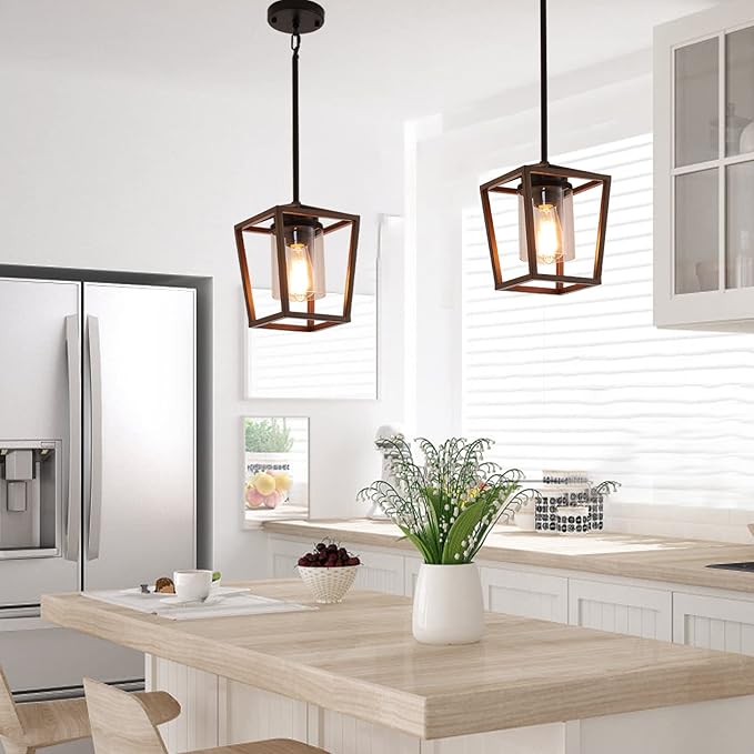 SGLfarmty Farmhouse Bar Pendant Lighting for Kitchen, Single Pendant Island Light with Wooden Finish，Modern Industrial Metal Pendant Light Fixtures，Rustic Ceiling Lantern Hanging Light,1 Pack