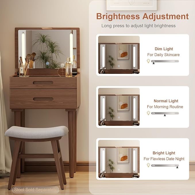 Solid Wood Small Vanity Desk with Mirror and Lights, Narrow Makeup Vanity for Small Space, Flip Top Vanity Side Table, 3 Color Modes & Adjustable Brightness, 19.6" Slim Dressing Table, Walnut