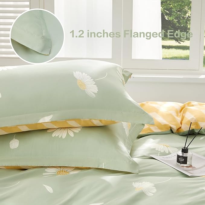 SAPHREAS White Daisy Floral King Size Duvet Cover Set 3pcs Green Bedding Comforter Cover Set 100% Cotton 1 Duvet Cover 104"x90" 2 Pillow Shams, Comforter Not Included