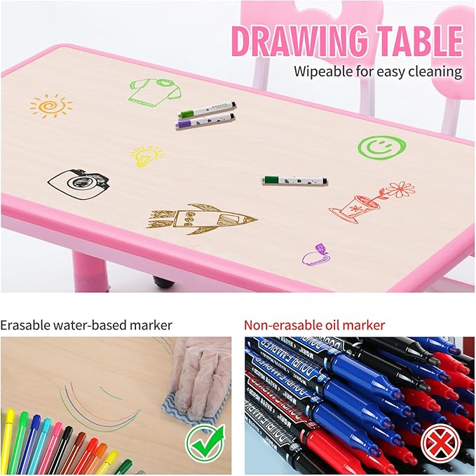 UNICOO Kids Table and Chairs Set, Height Adjustable Multi-Activity Preschool Table with Graffiti Desktop for Ages 2-8 - Versatile Kids Tables for Play, Learning, and Creativity(Maple Top/Pink Border)