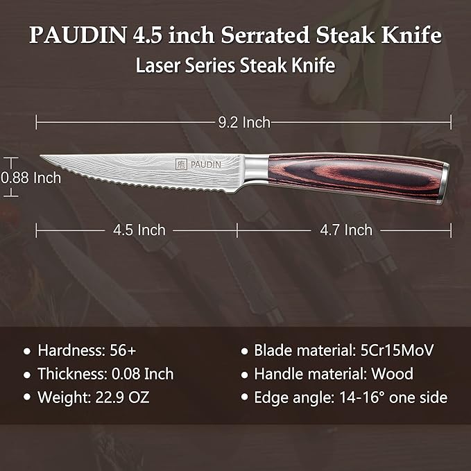 PAUDIN Steak Knives 4.5 Inch, Steak knives Set of 8, High Carbon Stainless Steel Steak Knife Set, Sharp Serrated Steak Knife with Pakkawood Handle, Kitchen Steak Knives with Gift Box