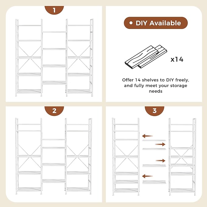 SUPERJARE Triple 5 Tier Bookshelf, Bookcase with 14 Open Display Shelves, Wide Book Shelf Book Case for Home & Office, White