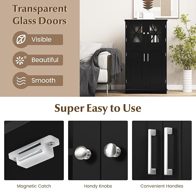 Tangkula Freestanding Floor Cabinet w/2 Glass Doors, 3-Level Adjustable Shelves, Anti-toppling Design, Kitchen Pantry Cupboard for Bathroom, Living Room (Black)