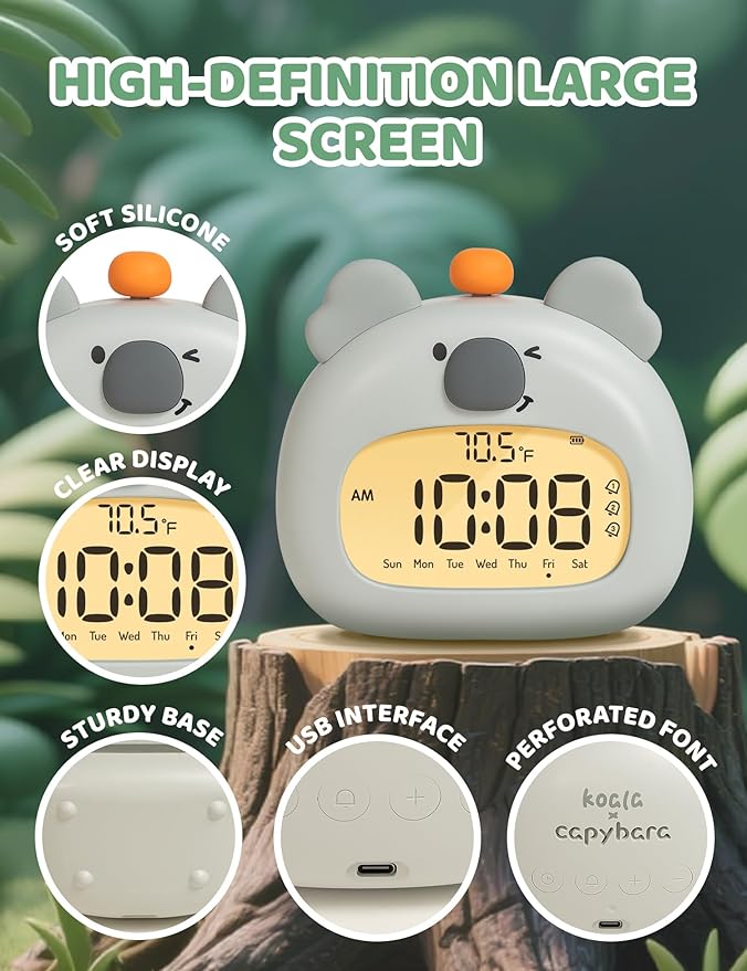 Koala Relaxation Alarm Clock, Forest Night Light, USB-C Fast Charge, 3 Alarms & Timer, Mindfulness Bedroom Decor Gift for Boys, Girls, Tenns
