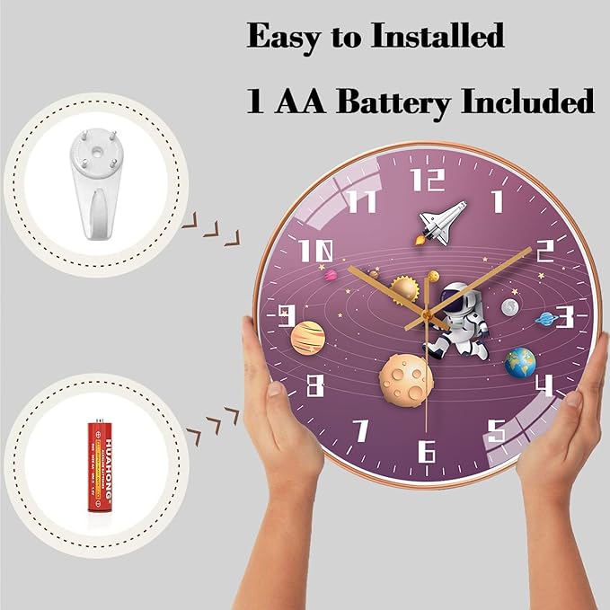 12 Inch Silent Movement Kids Wall Clock, Non Ticking Children Round Wall Clock Battery Operated Space Travel Style Decor Children Clock for Home School Girls Bedroom Living Room (Pink)