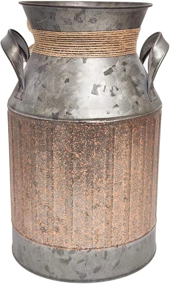 Shabby Chic Classy Designed Brown Milk Can Heart-Shaped Galvanized Finish Metal Vase Country Rustic Primitive Decorative Flower Holder, 8.8" H