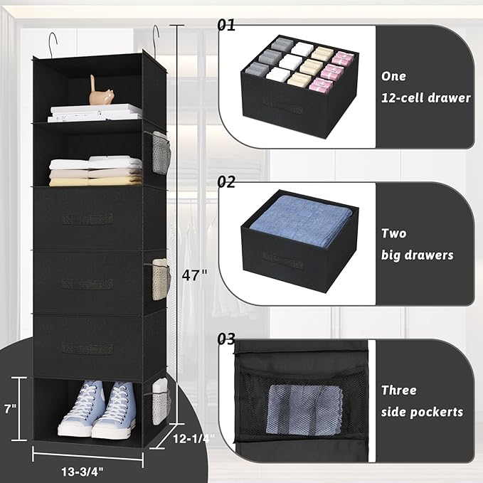 6-Shelf Hanging Closet Organizer with Drawers, Wardrobe Clothes Storage Foldable Portable Hanging Closet Shelves for Clothes Shoes, 47"x13.75"x12.25", Black