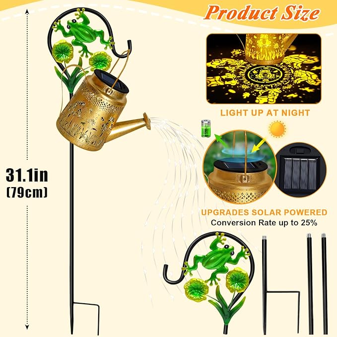 Solar Lanterns Outdoor Garden Decor, Mothers Day Gifts for Women Mom Grandma Birthday, Large Frog Hanging Watering Can with Shepherd Hook, Waterproof Garden Lights for Outdoor Landscape Pathway Yard
