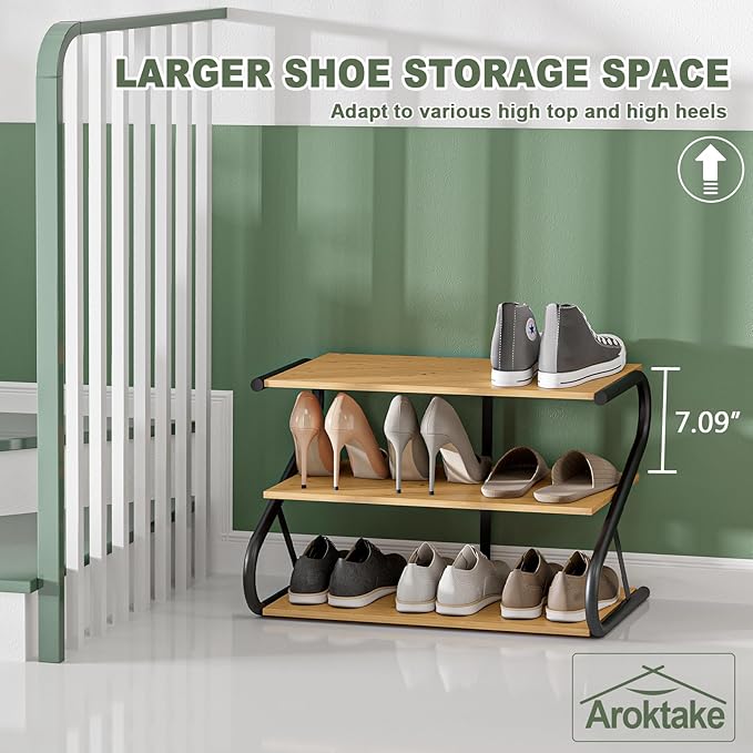 Bamboo Shoe Rack, Z-Frame Wooden 3-Tier Shelf with Durable Metal Shelves, Shoe Organizer for High Heels, Hallway, Living Room, Closet, Bedroom (Natural)