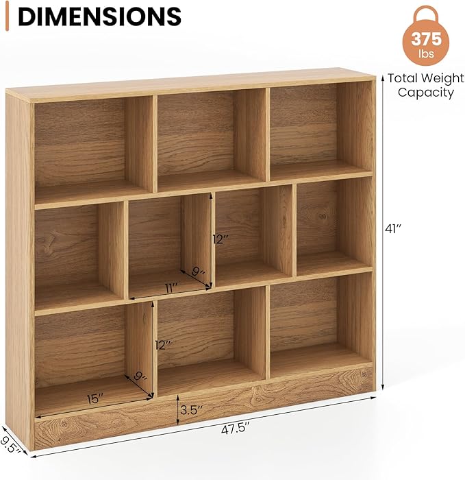 Costzon Wooden Toy Storage Organizer, 10-Cube Kids Bookshelf w/ 2 Anti-Toppling Kits, 3 Tier Open Shelves & Non-Slip Foot Pads, Book Shelf for Kids Rooms, Playroom, Classroom, Nursery (Natural)