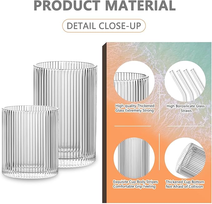 INSETLAN Set of 8 Ribbed Glassware - 4 Large Glasses 17 oz, 4 Rocks Glass Cups 10 oz, Vintage Glassware Cocktail Glasses, Ideal for Beer, Juice, Water, Ice Coffee Cup, Whiskey, Mixed Drinkware