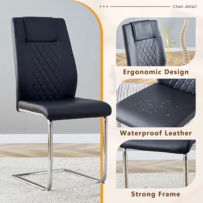 63'' Glass Dining Table Set for 4, Kitchen Table Chairs Set of 4, Clear Glass Dining Table with Black unique design Leg and Silver Metal Base, 4 PU Dining Chairs with Metal Legs, Living Room, Kitchen.