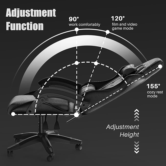 Gaming Chair High Back, Ergonomic Computer Gamer Chair with Headrest and Lumbar Support, Racing Style Reclining Game Chair for Adults, Kids (Black)