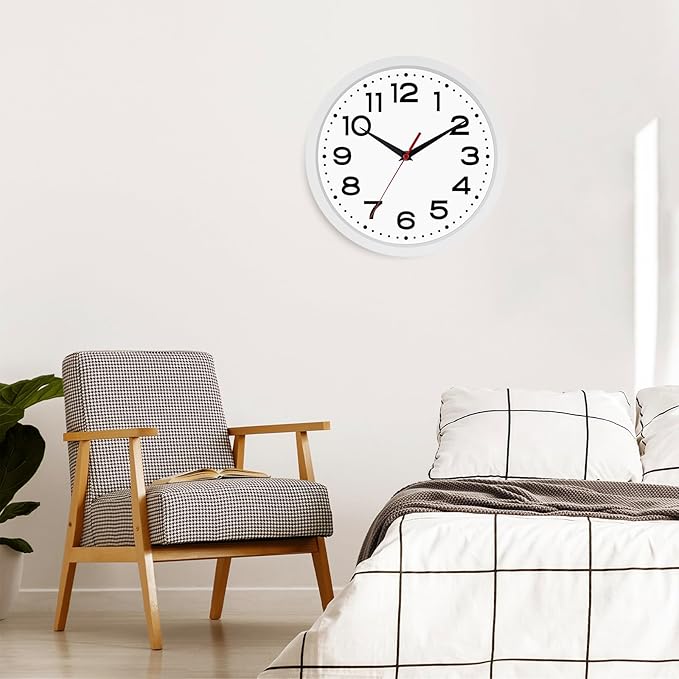 Wall Clock Silent Non-Ticking Modern Clock Battery Operated 8 Inch Small Classic Analog Decorative for Kitchen, Living Room, Office, Bedroom, Bathroom (White)
