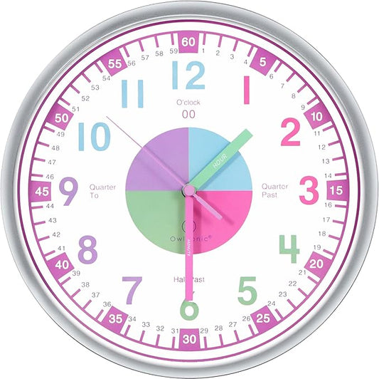 OWLCONIC Telling Time Teaching Clock for Kids - Analog for Bedrooms, Playroom, Homeschool Decor, School Classroom Learning, Educational for Learning to Tell Time