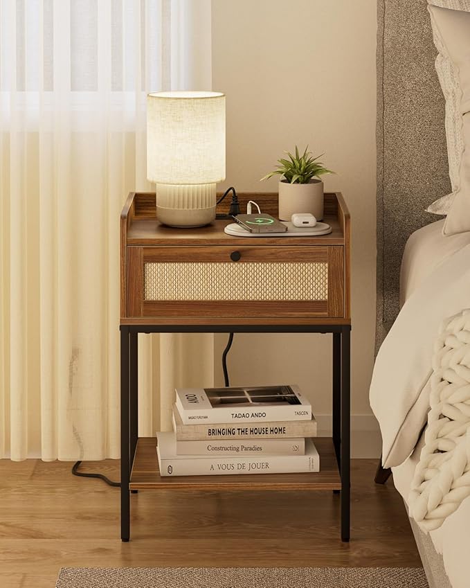 Masupu Nightstand with Charging Station, Modern Bedside Table Night Stand with Storage Drawer and Shelf,Small End Side Table for Bedroom,Living Room,Walnut Brown