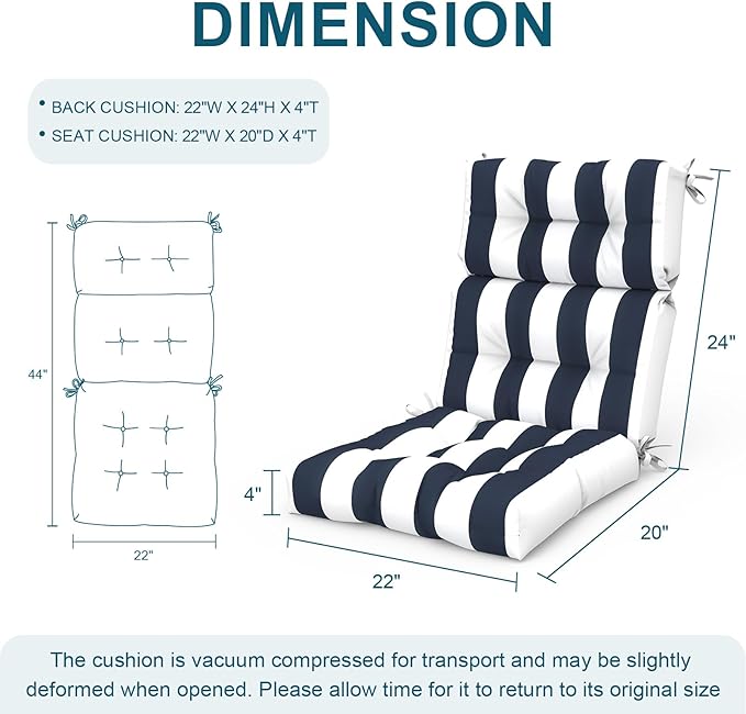 Set of 2 Outdoor High Back Chair Cushions 44"x 22",Water Repellent Rocking Seat Cushions Replacement, Seat/Back Chair Cushions for Patio,Porch,Balcony and Indoor - Cabana Navy