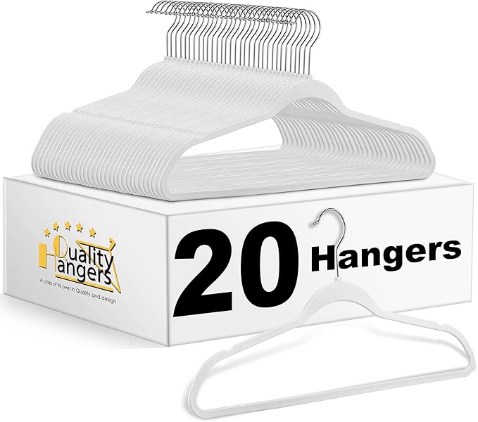 Quality White Plastic Hangers Clothes Hangers 20 Pack - Non-Velvet for Clothes - Heavy Duty Coat Hanger Set -Space-Saving Closet Hangers with Chrome Hook, Non-Flocked Hangers, Cream White