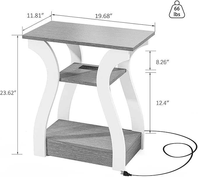 End Table Set of 2, Side Table with Charging Station, USB Ports and Outlets, 3 Tier Nightstand, Sofa Table for Small Spaces, Beside Table with Storage Shelf for Living Room, Bedroom