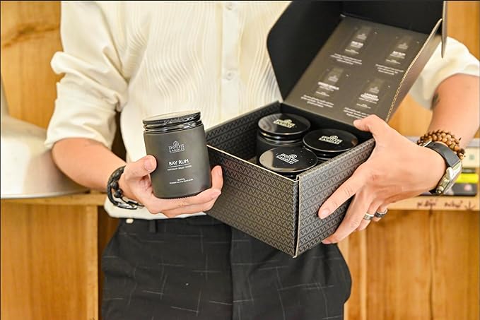 Scented Candles for Men - 200 Hours Burn Time in Gift Box & Protective Shipper - Men Candle Set x 4 - Cedarwood & Lavender/Bay Rum/Pine Tar/Smoke & Vanilla - Spotless Leopard