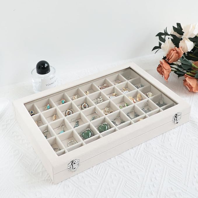 Wudygirl Large Jewelry Organizer Box with 40 Compartments Earring Holder Organizer Velvet Ring Display and Necklace Storage Tray Jewelry Box for Women (Beige Velvet)