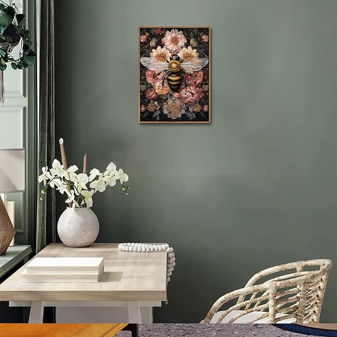 Djmwtb Vintage Framed Wall Art Bee Canvas Wall Art Prints Botanical Floral Pictures Flower Painting Wall Decor Artwork for Living Room Bedroom Bathroom Office 16x24in