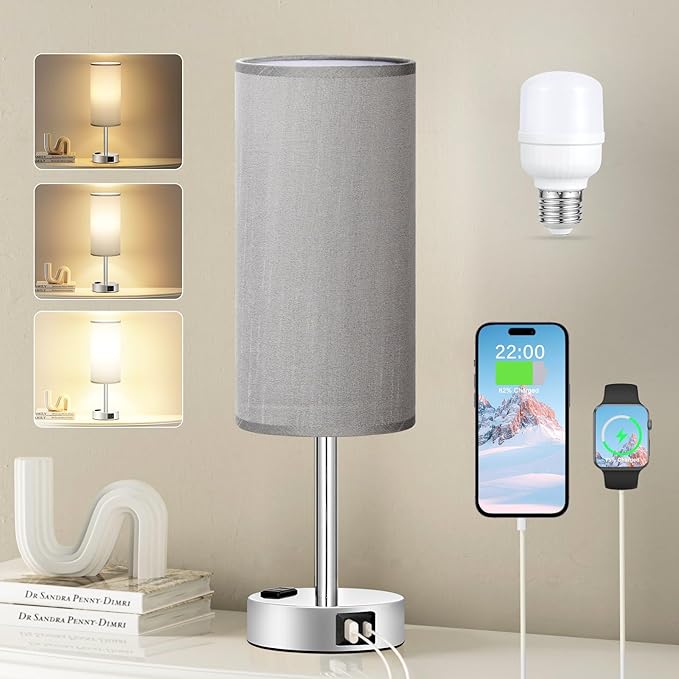 Grey Nightstand Table Lamp for Bedroom - 3 Way Dimmable Bedside Lamp USB C A Charging Ports and AC Outlet, Small Table Lamp Silver Base for Living Room, Office Desk, LED Bulb Included