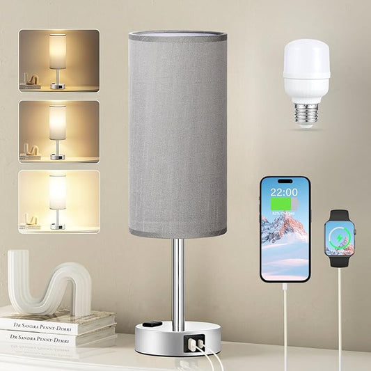 Grey Nightstand Table Lamp for Bedroom - 3 Way Dimmable Bedside Lamp USB C A Charging Ports and AC Outlet, Small Table Lamp Silver Base for Living Room, Office Desk, LED Bulb Included