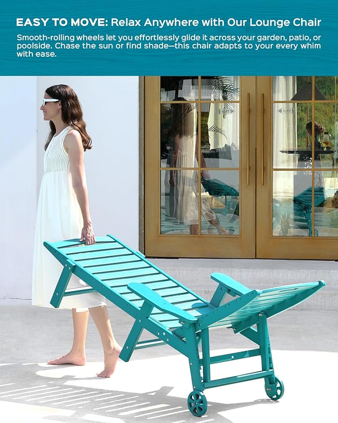 Outdoor Lounge Chair Set of 4, All Weather Patio Chaise Lounge Chair for Outside, HDPE Chair with Rolling Wheels & Cup Holder, 5 Position, Deck, Pool, Lake Blue
