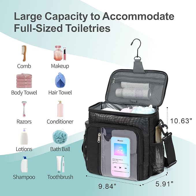 F-color Shower Caddy Portable - College Dorm Essentials for Guys with Hooks, Soft Crossbody Shoulder Strap, Multiple Pockets, Quick-Dry Shower Caddy for Dorm Travel Essentials, Black