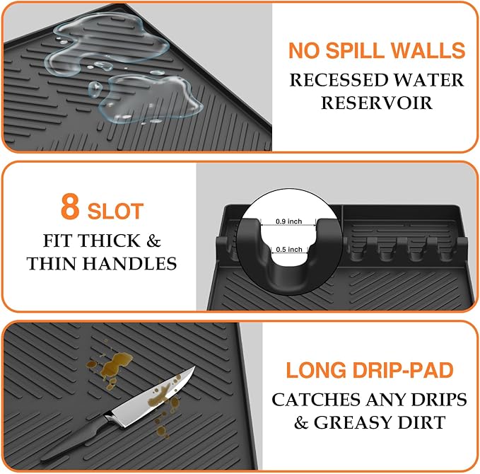 Silicone Griddle Tools Mat for Blackstone, Griddle Accessories Side Shelf Mat Grill Pad for Outdoor Grill Kitchen Counter Spatula Silicone Mat with Drip Pad (Black (2Packs))