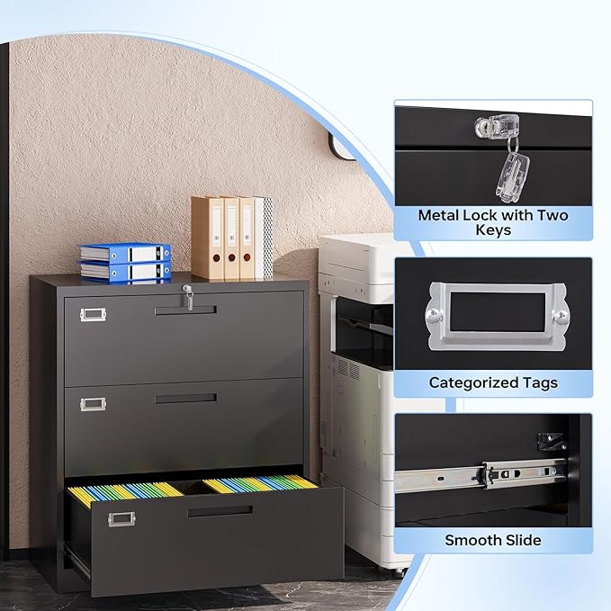 Lateral Filing Cabinet,3 Drawer File Cabinet with Lock,Office Lateral File Cabinets for Legal/Letter A4 Size,Require Assembly, Black